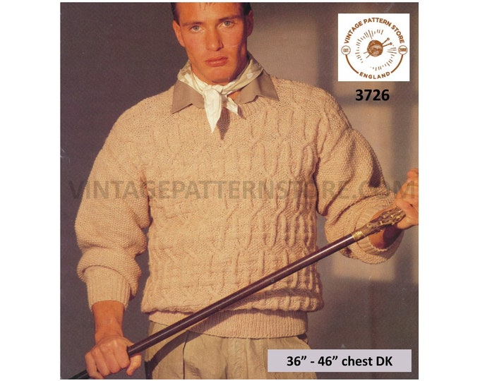 Mens Mans 80s vintage round neck drop shoulder cable cabled dolman DK sweater jumper pdf knitting pattern 36" to 46" Instant download 3726