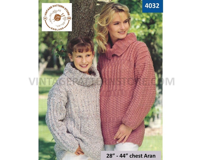 Womens Girls 90s cowl split neck texture & cable cabled drop shoulder dolman aran sweater pdf knitting pattern 28" to 44" Download 4032