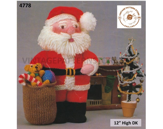 80s vintage DK cuddly toy Santa Claus Father Christmas toy pdf knitting pattern 12" High Instant PDF Download 4778