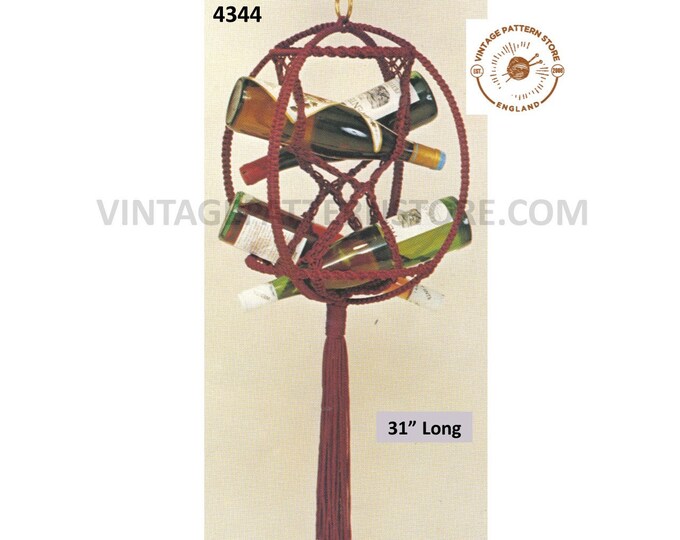 70s vintage circular round macrame ring hanging wine rack hanger pdf macrame pattern 31" long by 15" wide Instant PDF Download 4344