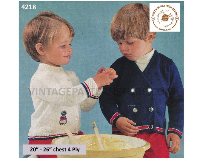 Boys 60s vintage 4 ply V neck double breasted raglan jacket & round neck easy to knit cardigan pdf knitting pattern 20" to 26" Download 4218
