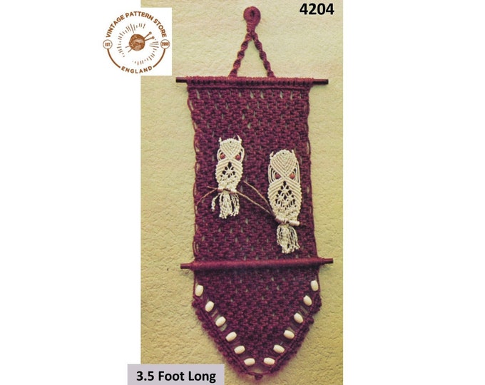 70s vintage retro macrame owl wall hanging pdf macrame pattern 3.5 foot long Instant PDF Download 4204