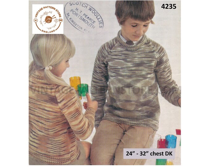 Girls Boys 70s vintage plain and simple easy to knit DK crew neck raglan sweater jumper pdf knitting pattern 24" to 32" chest Download 4235