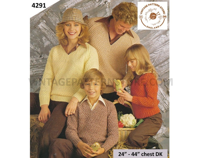 Ladies Womens Mens Boys Girls 80s family vintage easy to knit DK V neck raglan sweater jumper pdf knitting pattern 24" to 44" Download 4291