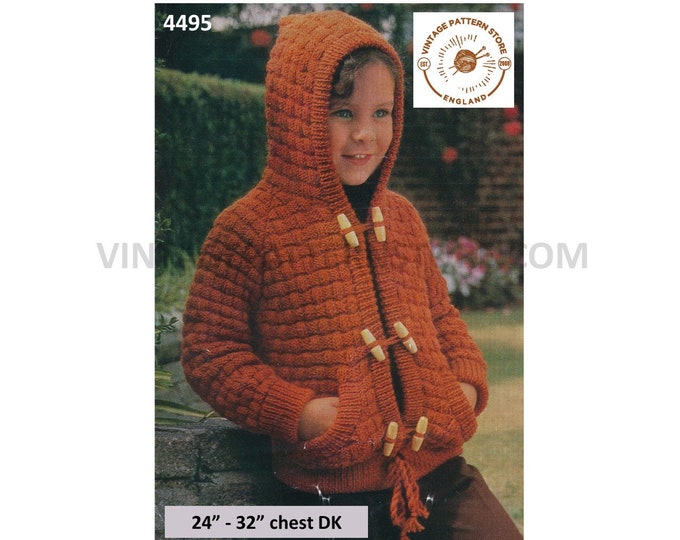 Boys Girls Childrens 70s vintage retro hoodie hooded jacket raglan toggle tied duffle coat pdf knitting pattern 24" to 32" PDF Download 4495