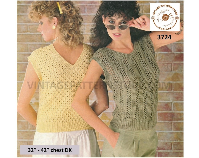 Ladies Womens 80s vintage DK round neck & V back lacy slipover sweater vest Summer top pdf knitting pattern 32" to 42" Instant download 3724