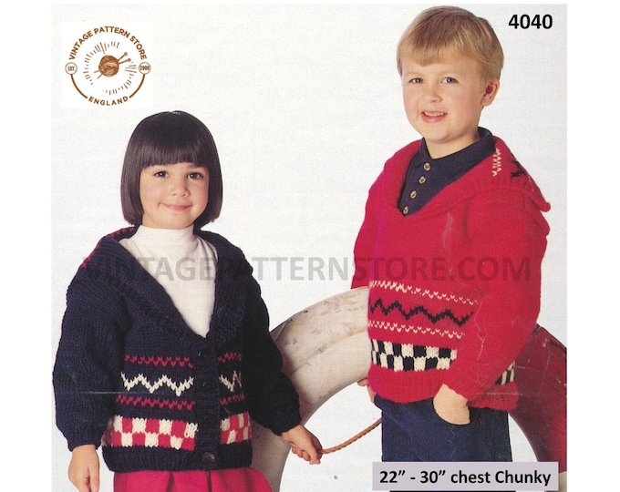 Girls Boys 90s chunky knit sailors collar fair isle drop shoulder cardigan jacket & sweater pdf knitting pattern 22" to 30" download 4040