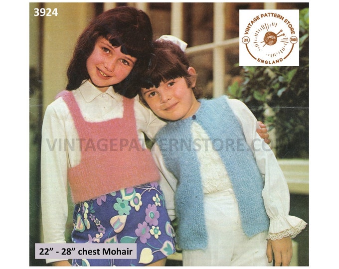 Girls 70s vintage simple & easy to knit beginners mohair slipover and round neck waistcoat pdf knitting pattern 22" to 28" PDF download 3924