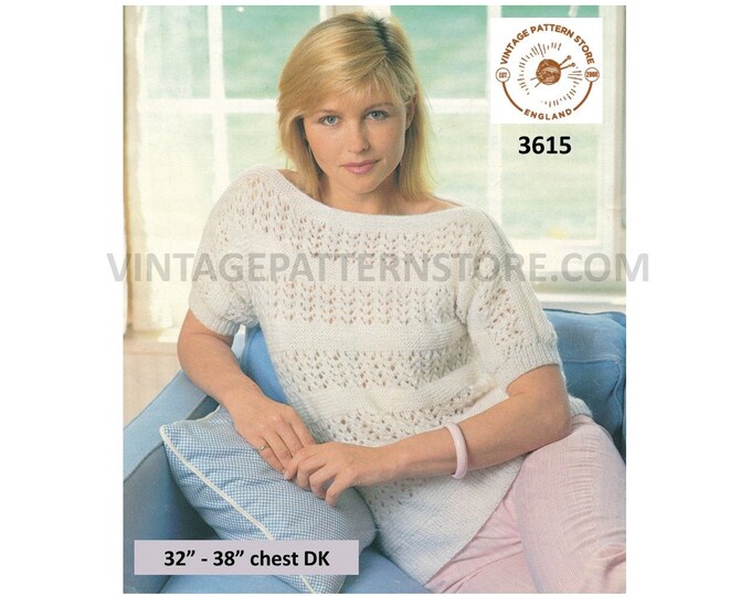 Ladies Womens 90s easy to knit boat neck DK short sleeve lacy Summer sweater jumper pdf knitting pattern 32" to 38" Instant download 3615