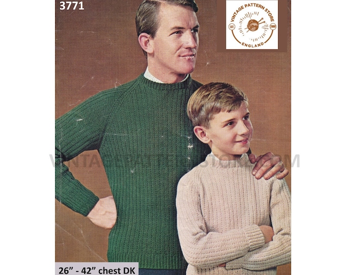 Mens Mans Boys 70s vintage easy to knit crew neck raglan DK sweater jumper pdf knitting pattern 26" to 42" chest Instant PDF download 3771