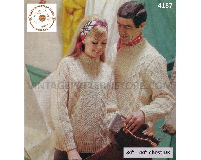 Ladies Womens Mens 60s vintage DK crew neck cable cabled texture panel raglan sweater jumper pdf knitting pattern 34" to 44" Download 4187