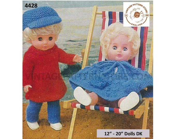 80s vintage 12" 14" 16" 18" 20" DK doll clothes poncho dress cap hat and trousers slacks pdf knitting pattern Download 4428