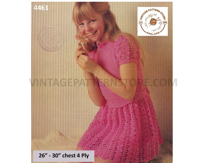 Girls 70s vintage 4 ply crochet short sleeve lacy lace round neck belted dress pdf crochet pattern 26" to 30" Instant PDF Download 4461