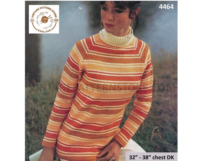 Ladies Womens 70s vintage easy to knit turtleneck polo neck striped raglan sweater jumper pdf knitting pattern 32" to 38" PDF Download 4464