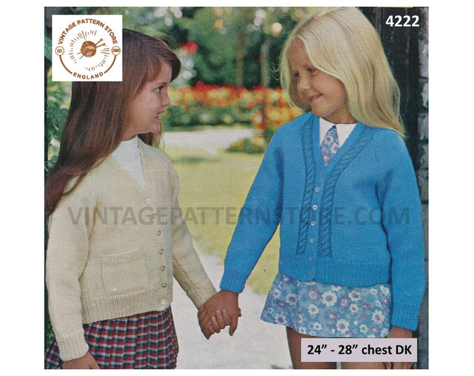 Girls 60s vintage DK V neck easy to knit and cabled cable edge raglan cardigan pdf knitting pattern 24" to 28" chest Instant Download 4222
