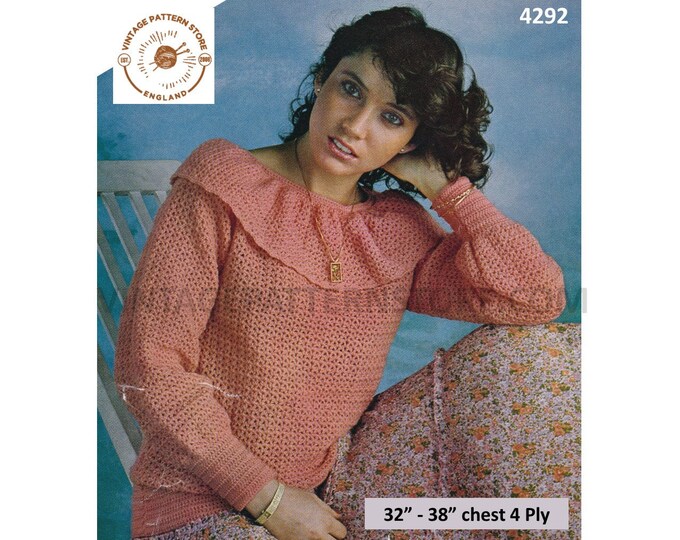 Ladies Womens 80s vintage 4 ply round neck collared lacy lace raglan sweater jumper pdf crochet pattern 32" to 38" chest PDF Download 4292