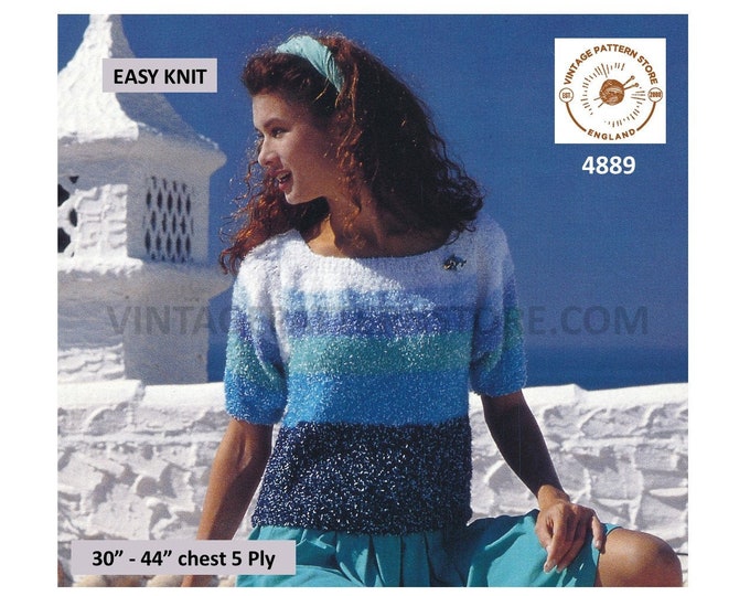 Womens Ladies 90s 5 ply boat neck short sleeve striped raglan Summer sweater jumper pdf knitting pattern 30" to 44" Instant Download 4889