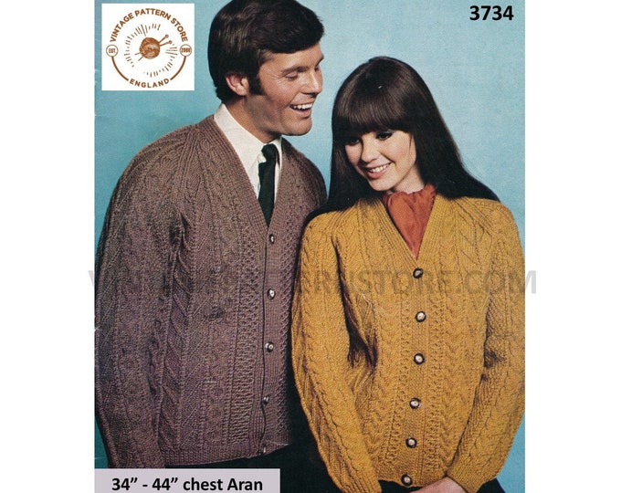 Ladies Womens Mens Mans 60s vintage V neck cable cabled aran raglan cardigan pdf knitting pattern 34" to 44" Instant PDF download 3734