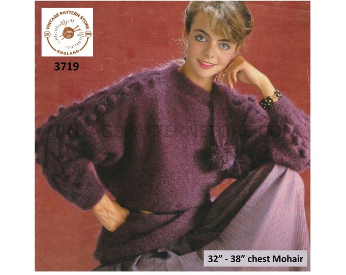 Ladies Womens 80s round neck sideways knitted cable sleeve mohair dolman sweater jumper pdf knitting pattern 32" to 38" PDF download 3719