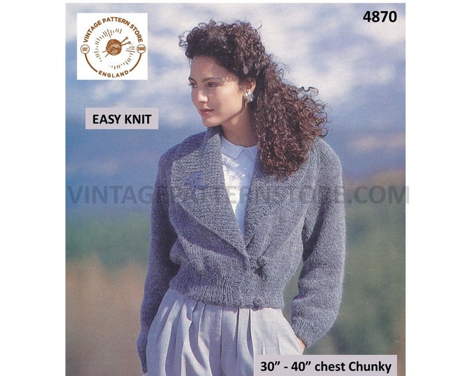 Womens Ladies 90s chunky quick and easy to knit shawl collar V neck dolman cardigan jacket pdf knitting pattern 30" to 40" Download 4870