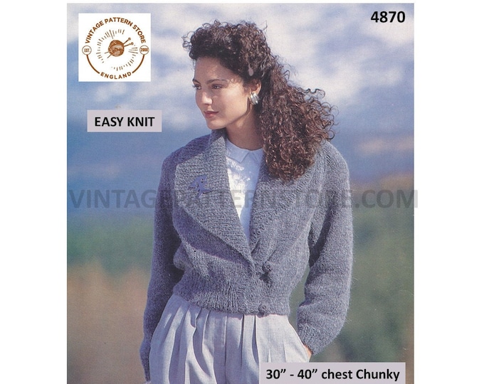 Womens Ladies 90s chunky quick and easy to knit shawl collar V neck dolman cardigan jacket pdf knitting pattern 30" to 40" Download 4870