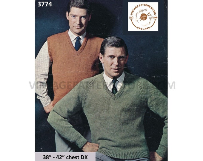 Mens Mans 70s vintage simple & easy to knit V neck DK raglan jumper and sweater vest tank top pdf knitting pattern 38" to 42" Download 3774