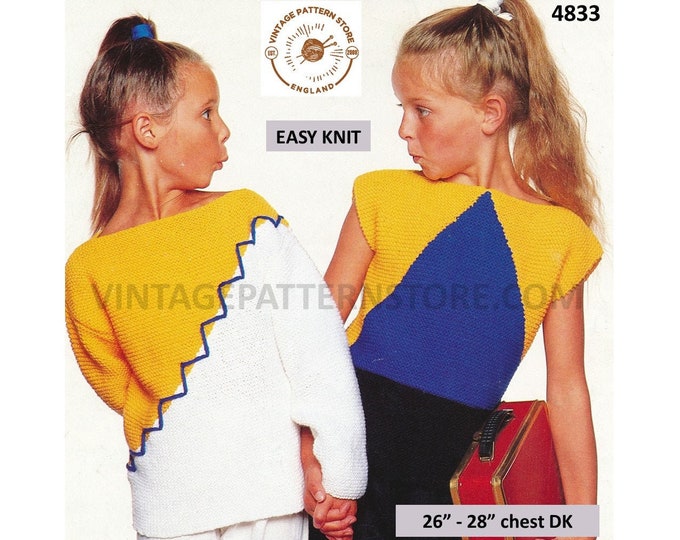 Girls 90s DK beginners simple quick and easy to knit slash neck sweater & cap sleeve slipover pdf knitting pattern 26" to 28" Download 4833
