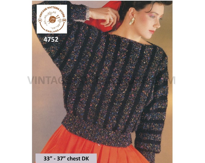 Ladies Womens 90s DK slash neck vertical stripe drop shoulder batwing sweater jumper pdf knitting pattern 33" to 37" Instant Download 4752