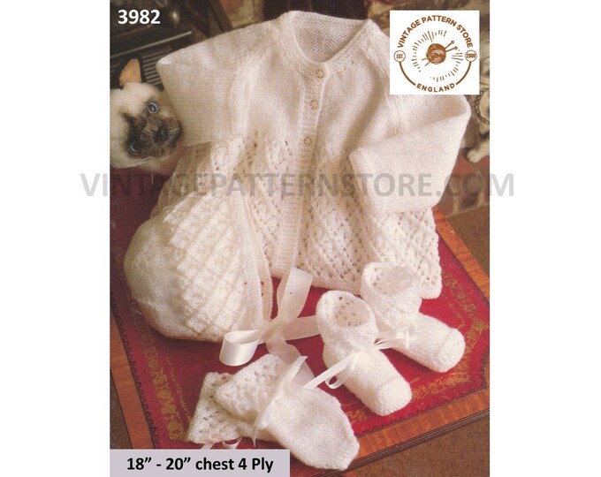 Baby Babies 4 ply round neck lacy eyelet lace raglan matinee coat bonnet mittens and booties pdf knitting pattern 18" to 20" Download 3982