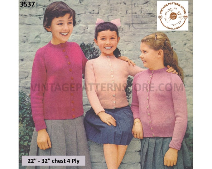 Girls 50s vintage plain and simple easy to knit 4 ply crew neck raglan cardigan pdf knitting pattern 22" to 32" Instant PDF download 3537