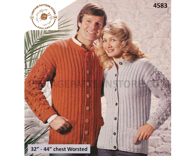Womens Mens 80s vintage worsted round neck rib ribbed raglan cardigan with cabled sleeves pdf knitting pattern 32" to 44" PDF Download 4583