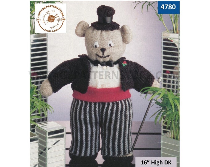 90s DK fun to knit top hat wearing fancy teddy bear cuddly toy pdf knitting pattern 16" Tall Instant PDF Download 4780