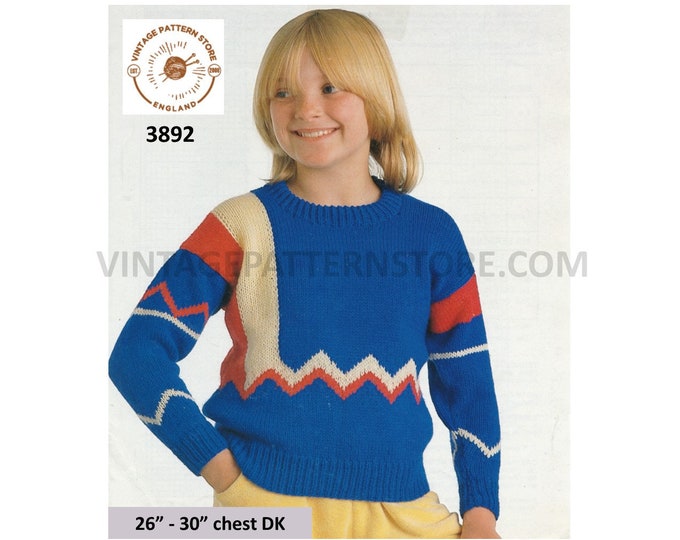 Girls Boys 90s round neck colour work geometric intarsia drop shoulder raglan sweater jumper pdf knitting pattern 26" to 30" Download 3892