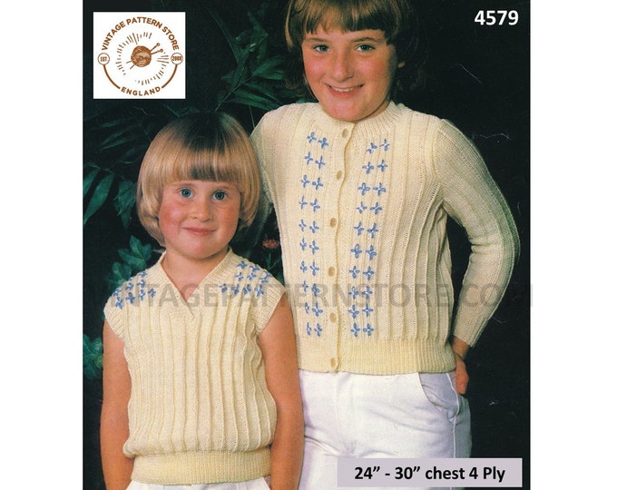 Girls Toddlers 80s 4 ply ridge cable cabled raglan cardigan & V neck sleeveless sweater vest pdf knitting pattern 24" to 30" Download 4579