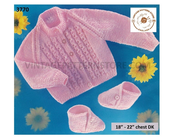 Baby Babies Toddlers 70s vintage DK crew neck cable cabled raglan cardigan & booties pdf knitting pattern 18" to 22" Instant download 3770