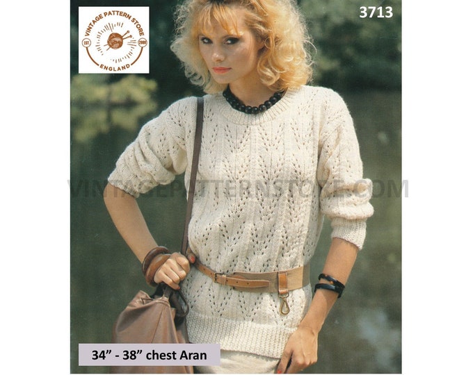 Ladies Womens 80s vintage round neck drop shoulder lacy lace raglan aran sweater jumper pdf knitting pattern 34" to 38" PDF Download 3713