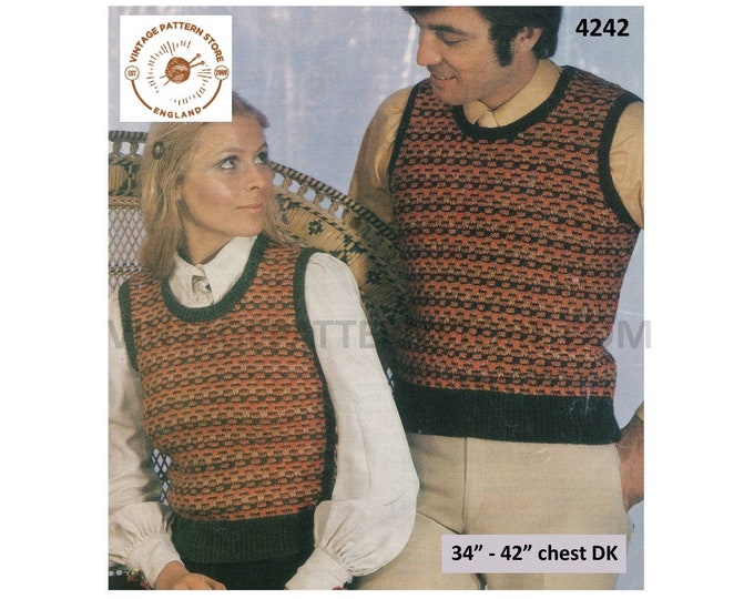 Ladies Womens Mens 70s vintage DK scoop neck fair isle banded slipover sweater vest pdf knitting pattern 34" to 42" chest PDF Download 4242