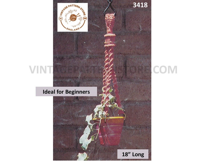 70s vintage easy to make macrame plant hanger pdf macrame pattern, 70s vintage retro indoor garden gardening 18" Long Instant Download 3418