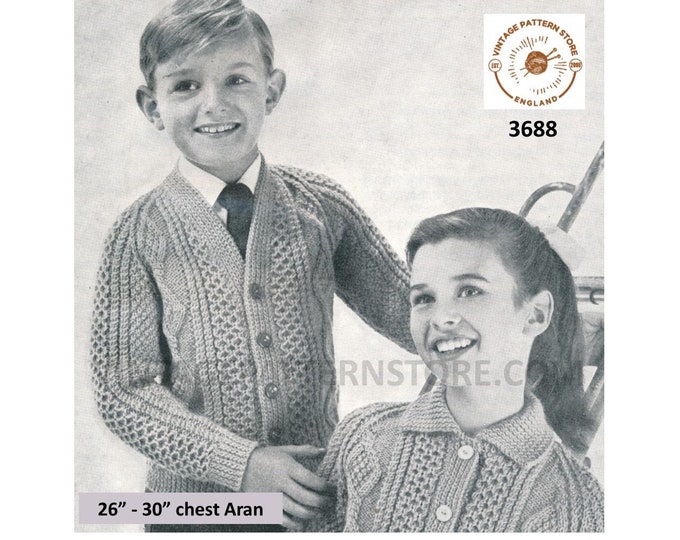 Girls Boys Childrens 60s vintage round or V neck cable cabled raglan aran cardigan pdf knitting pattern 26" to 30" chest PDF download 3688