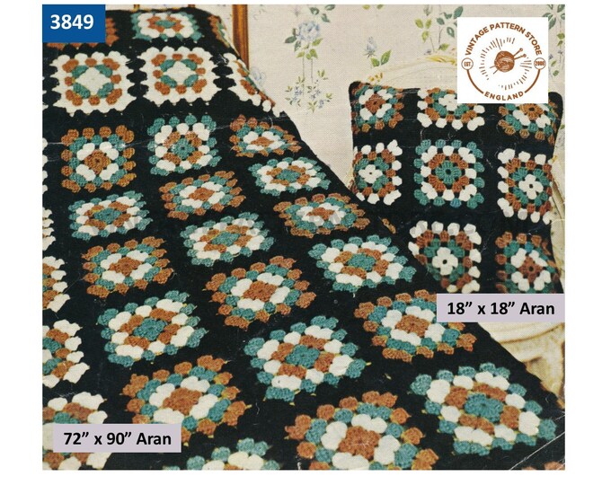 70s vintage crochet aran granny blanket motif bedspread & cushion cover pdf crochet pattern 72" x 90" 20" x 20" Instant PDF download 3849