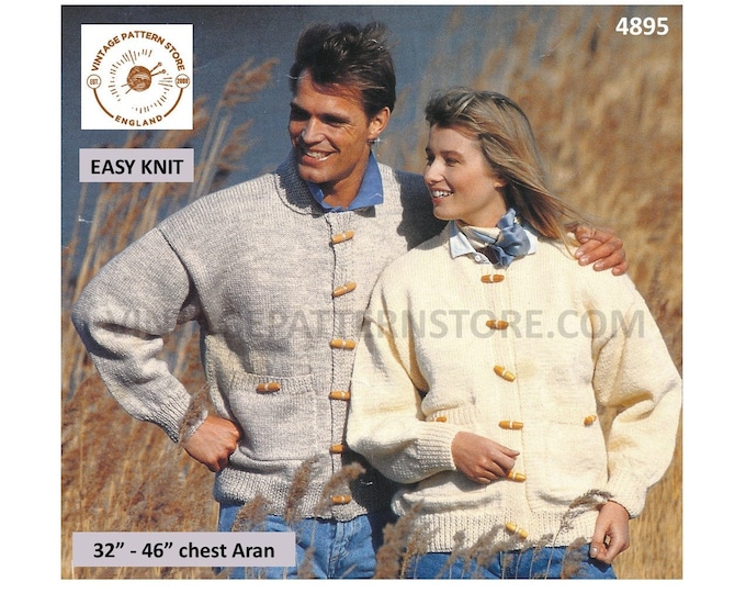 Mens Womens 90s easy to knit round neck collared drop shoulder dolman aran cardigan jacket pdf knitting pattern 32" to 46" PDF Download 4895