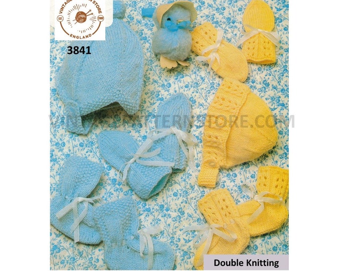 Baby Babies 70s vintage DK lacy eyelet lace & easy to knit bonnet mittens and booties bootees pdf knitting pattern Instant PDF download 3841