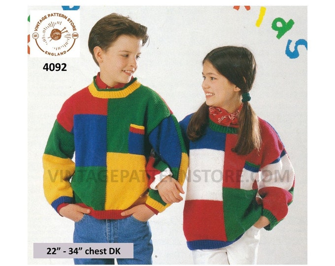 Boys Girls Toddlers round neck geometric colour block drop shoulder dolman sweater jumper pdf knitting pattern 22" to 34" download 4092