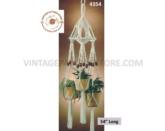 70s vintage triple macrame plant hanger holder pdf macrame pattern 70s retro indoor garden gardening 54" long Instant PDF Download 4354