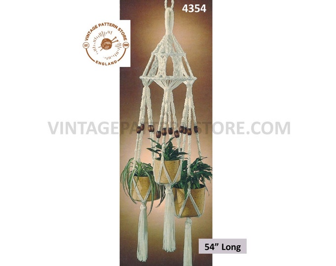 70s vintage triple macrame plant hanger holder pdf macrame pattern 70s retro indoor garden gardening 54" long Instant PDF Download 4354