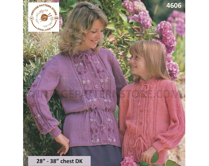 Mother & Daughter Ladies Womens Girls 80s vintage DK leaf cable panel peplum raglan cardigan pdf knitting pattern 28" to 38" Download 4606