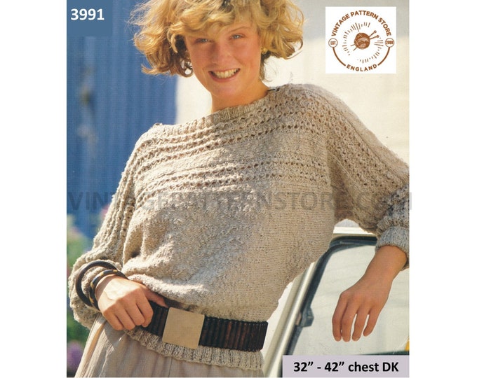 Ladies Womens 90s DK saddle shoulder lacy striped yoke & sleeves dolman sweater jumper pdf knitting pattern 32" to 42" PDF download 3991