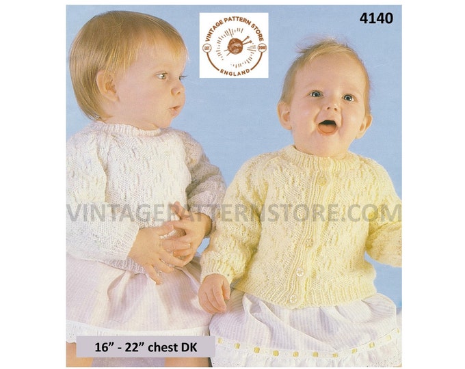 Baby Babies 90s round neck textured DK raglan sweater jumper and cardigan pdf knitting pattern 16" to 22" chest Instant PDF Download 4140