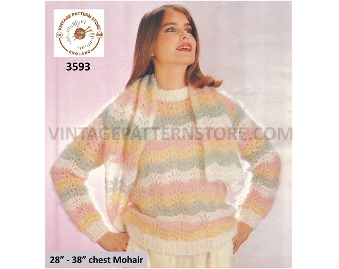 Ladies Womens 80s vintage wavy colour striped round neck raglan mohair sweater matching scarf pdf knitting pattern 28" to 38" Download 3593