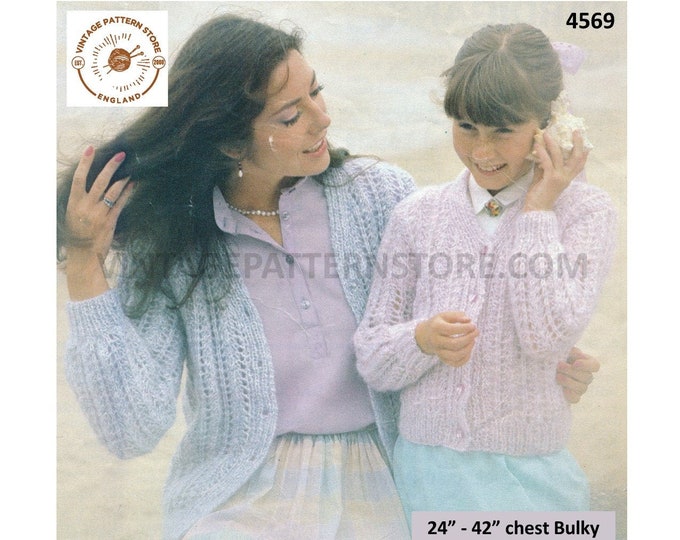 Womens Girls Mother and daughter fun quick and easy to knit bulky V neck raglan cardigan pdf knitting pattern 24" to 42" download 4569